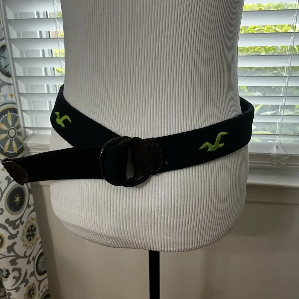 Men’s Hollister D-Ring Belt Navy Blue Neon Green Seagull Logo Coastal Surf 44”